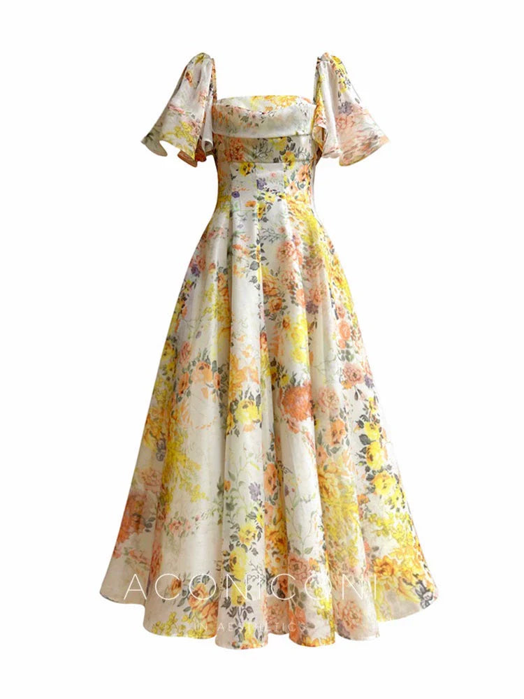 Aconiconi Elegant Flower Print Square Collar Short Sleeve midi  Dress-  Monet Summer Flowers