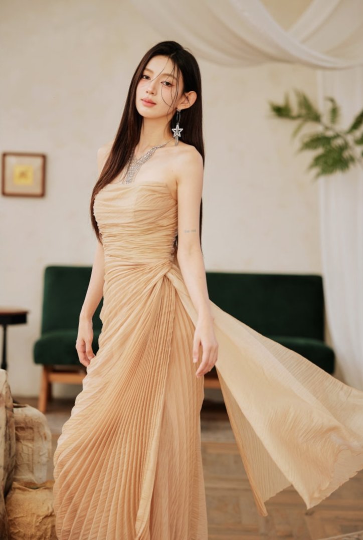 DOLLY High End Apricot Sleeveless Bandeau Slim Fit Pleated Cocktail Dress- Samai