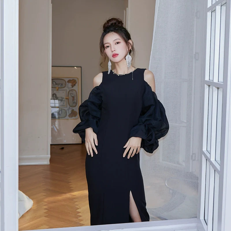 DOLLY Elegant White Retro Style Crew Neck Bubble Sleeves Long Slit Dress-RAIN