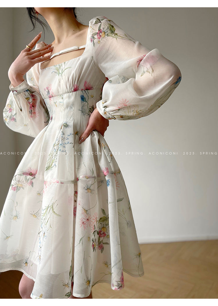 Aconiconi Elegant French Floral Print Square Neck Long Sleeve Dress- Flower Forest Girl