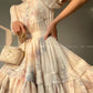 Aconiconi Elegant Stand Collar Long Sleeve Flower Print Tutu Dinner Dress- Konos Love Letter