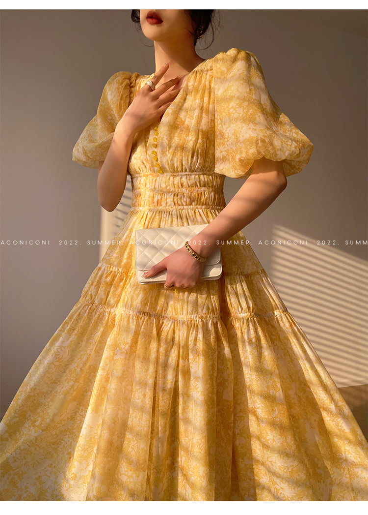 Aconiconi Elegant Yellow V-NeckPuff Sleeve Vacation Dress- Manshan