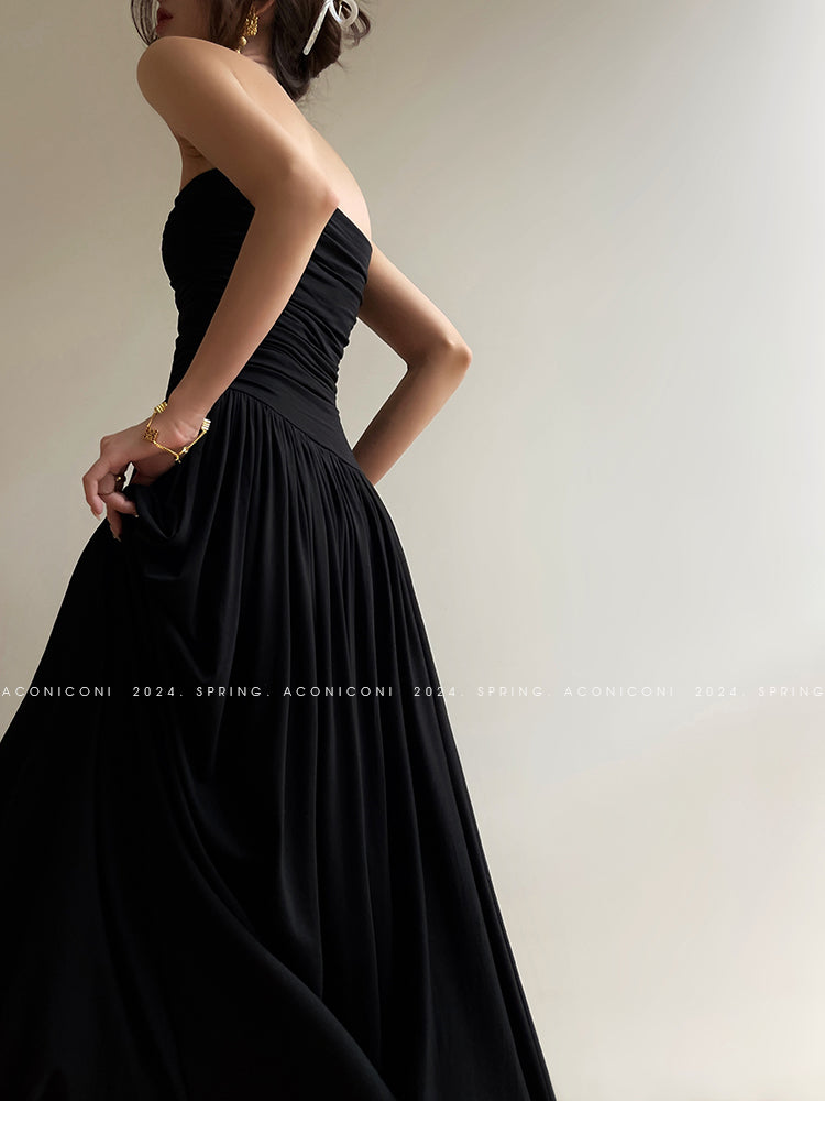 Aconiconi Elegant Black strapless Long Tube Top Dinner Dress  - Hibiscus evening