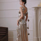 DOLLY Elegant Retro Sliver Gold Deep V-Neck Sleeveless Flower Long Cocktail Dress- Nisa
