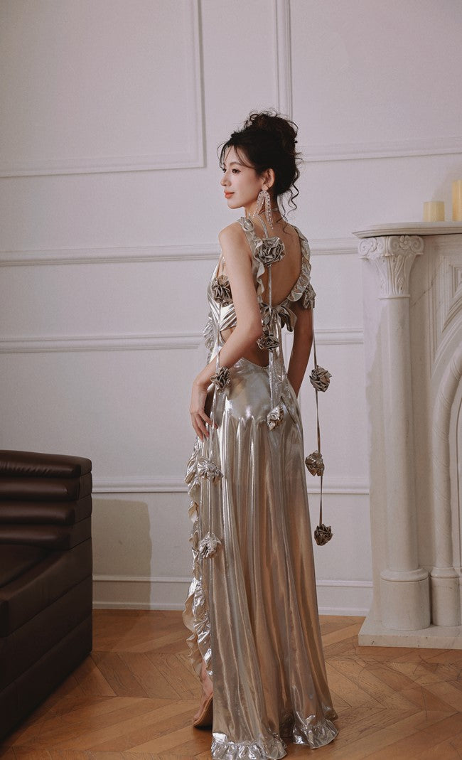 DOLLY Elegant Retro Sliver Gold Deep V-Neck Sleeveless Flower Long Cocktail Dress- Nisa