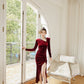 DOLLY Elegant Burgundy V-Neck Long Sleeve Velvet Long Slit Formal Dinner Dress-HAZEL