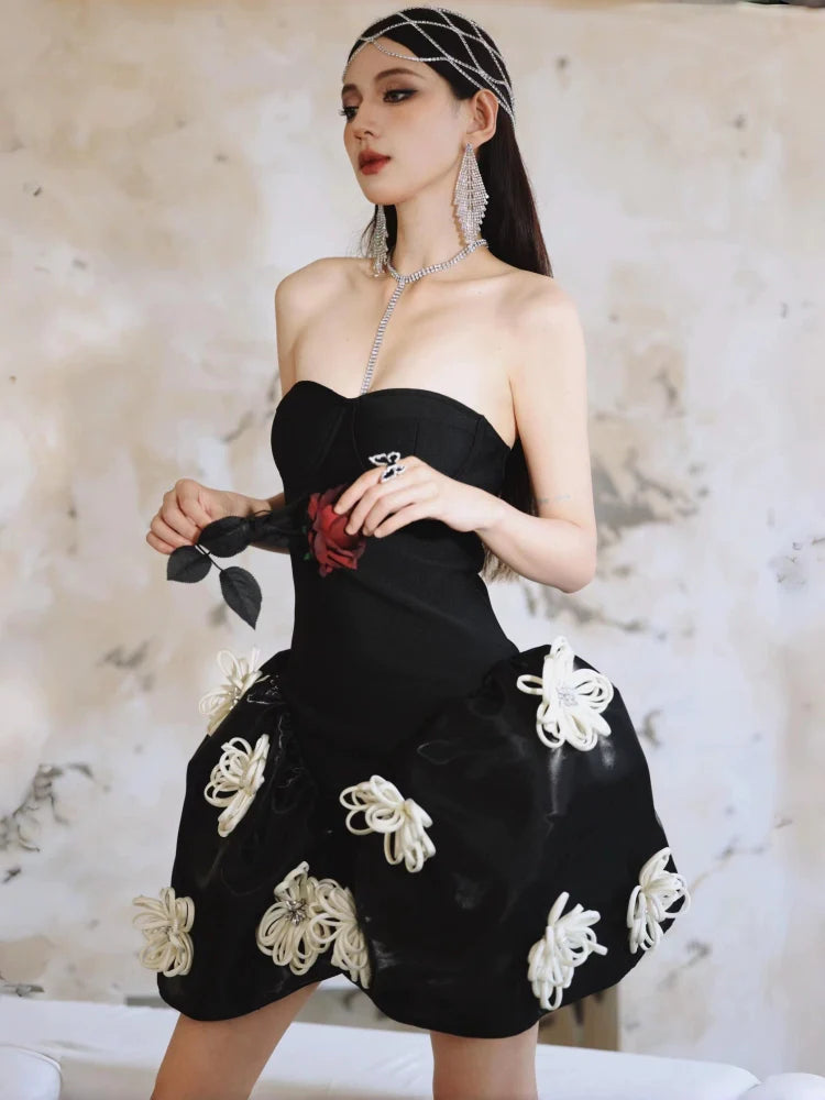 DOLLY Luxury Black Strapless Chet Wrap Flower Embroidered Tutu Cocktail Dress-Losa