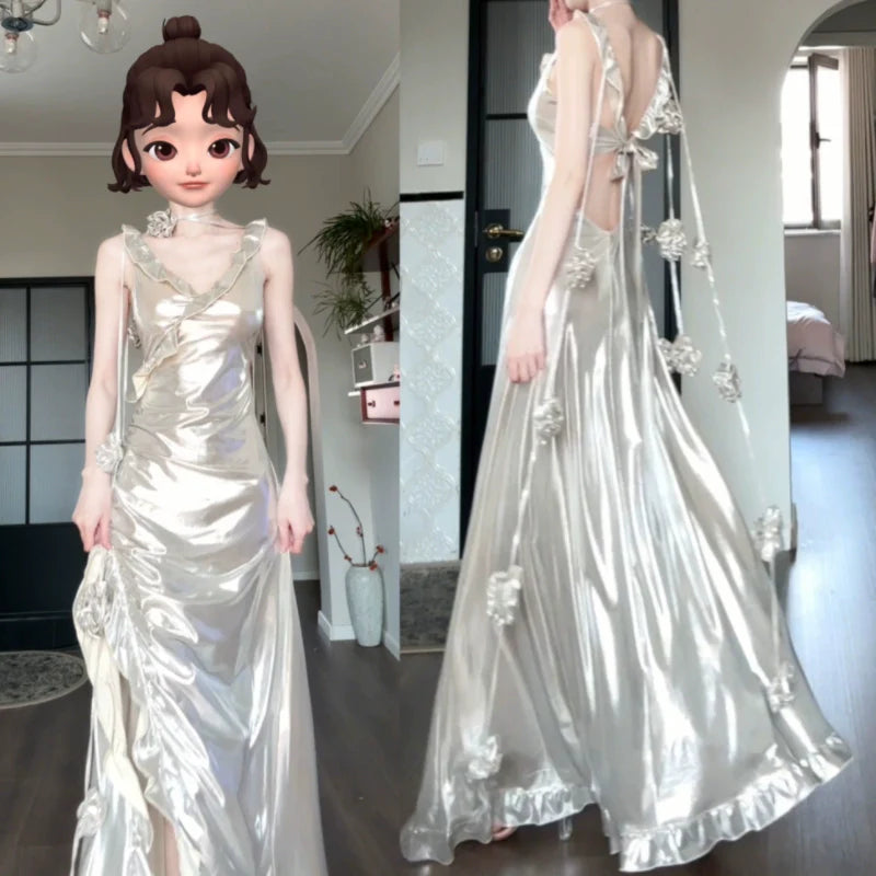 DOLLY Elegant Retro Sliver Gold Deep V-Neck Sleeveless Flower Long Cocktail Dress- Nisa