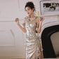 DOLLY Elegant Retro Sliver Gold Deep V-Neck Sleeveless Flower Long Cocktail Dress- Nisa