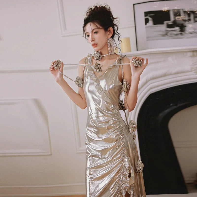 DOLLY Elegant Retro Sliver Gold Deep V-Neck Sleeveless Flower Long Cocktail Dress- Nisa
