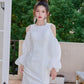 DOLLY Elegant White Retro Style Crew Neck Bubble Sleeves Long Slit Dress-RAIN