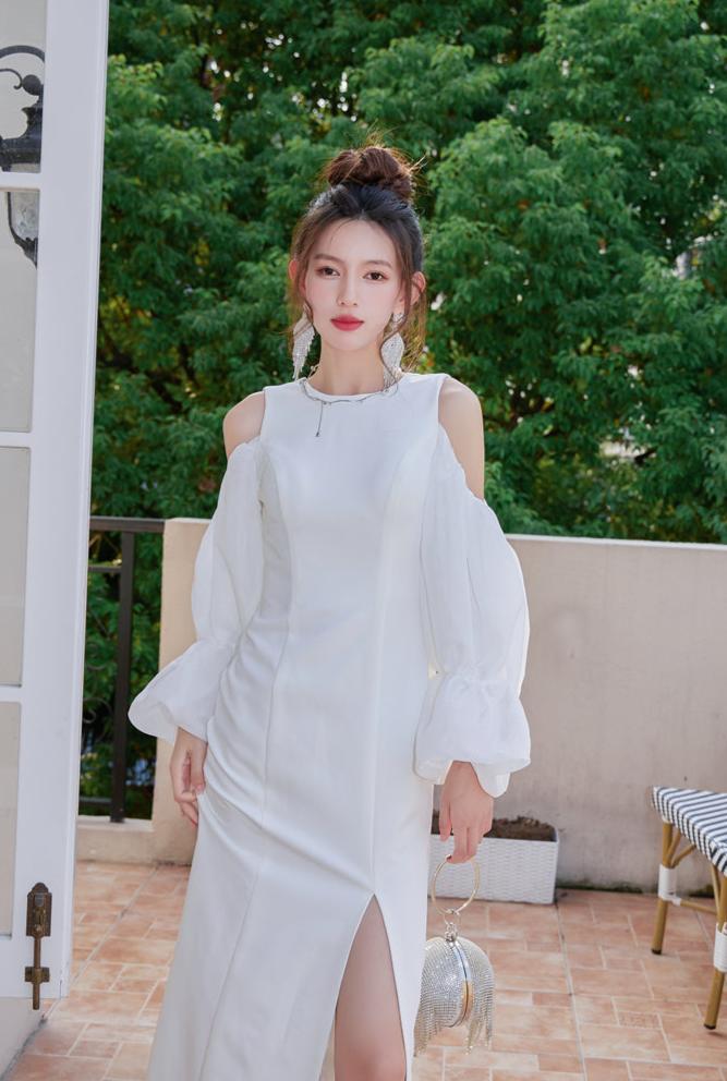 DOLLY Elegant White Retro Style Crew Neck Bubble Sleeves Long Slit Dress-RAIN