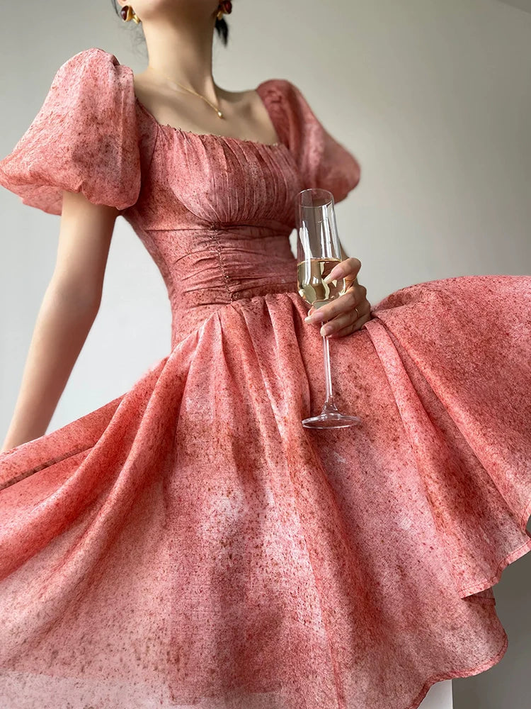 Aconiconi Luxury Square neck Short Puff Sleeve A-Line Short Dress- Sunset Rose Starry