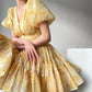 Aconiconi Elegant Yellow V-NeckPuff Sleeve Vacation Dress- Manshan