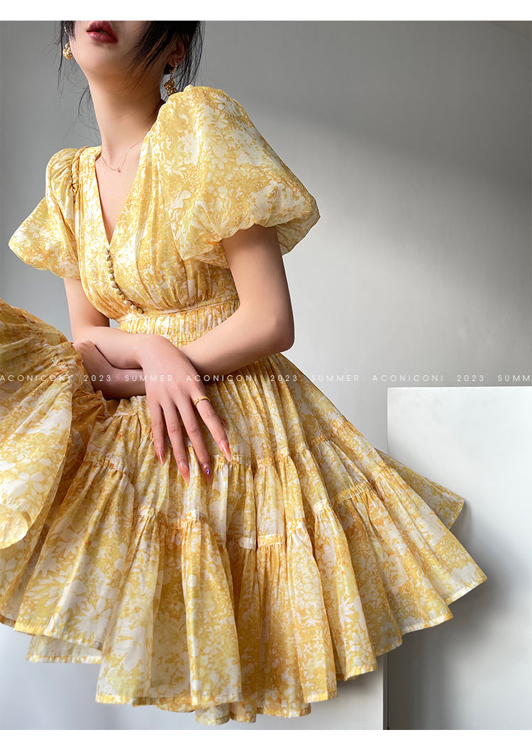 Aconiconi Elegant Yellow V-NeckPuff Sleeve Vacation Dress- Manshan