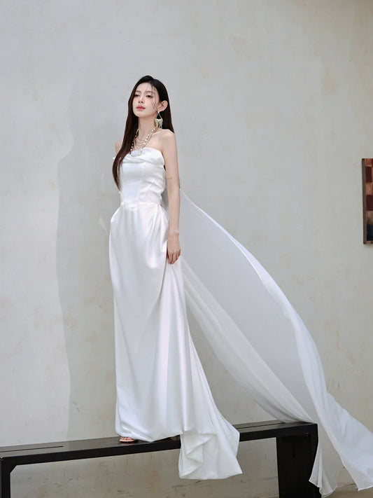 DOLLY Luxury White Bandeau Stain High Waist Long Wedding Dress-Lola