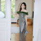DOLLY Luxury Sliver Retro Style Green Feather Tube Top Long Glitter Party Dress-THEKLA
