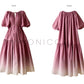 Aconiconi Elegant Grape Gradient V-Neck Puff Sleeve Loose Long Dress- Grape Cotton Cloud