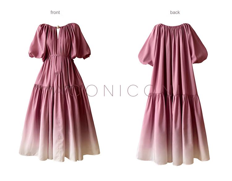 Aconiconi Elegant Grape Gradient V-Neck Puff Sleeve Loose Long Dress- Grape Cotton Cloud