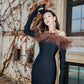 DOLLY High End Black Off Shoulder Long Sleeve Brown Feather Tube Top Dress-ADINA