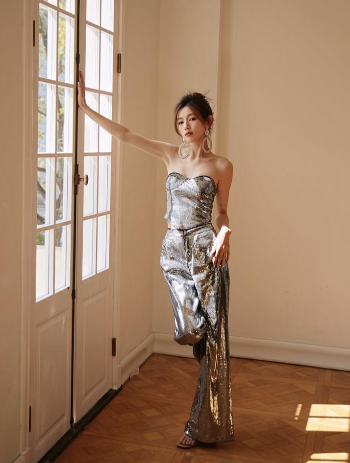 DOLLY Luxury strapless Sequin Top + Long Sequin High Waist Flare Pants suit setpantpa-THEA