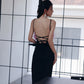 DOLLY Elegant Black Fluffy Feather backless Long Date Dress-JAS