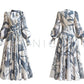 Aconiconi Luxury Retro French Print Long A-line Ribbon Dress-Time Island Blue