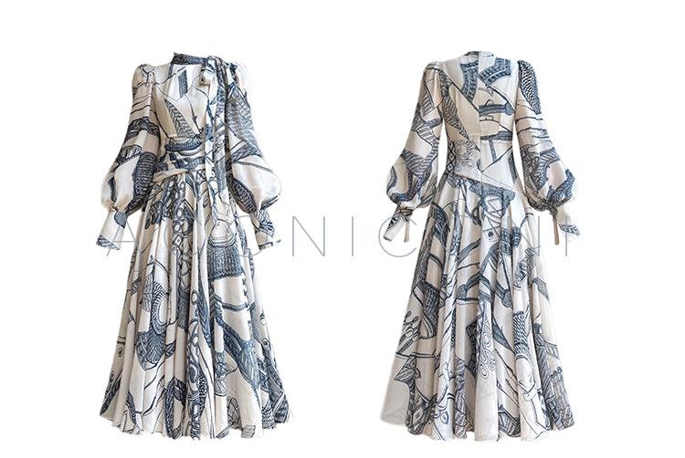 Aconiconi Luxury Retro French Print Long A-line Ribbon Dress-Time Island Blue