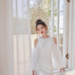 DOLLY Elegant White Retro Style Crew Neck Bubble Sleeves Long Slit Dress-RAIN