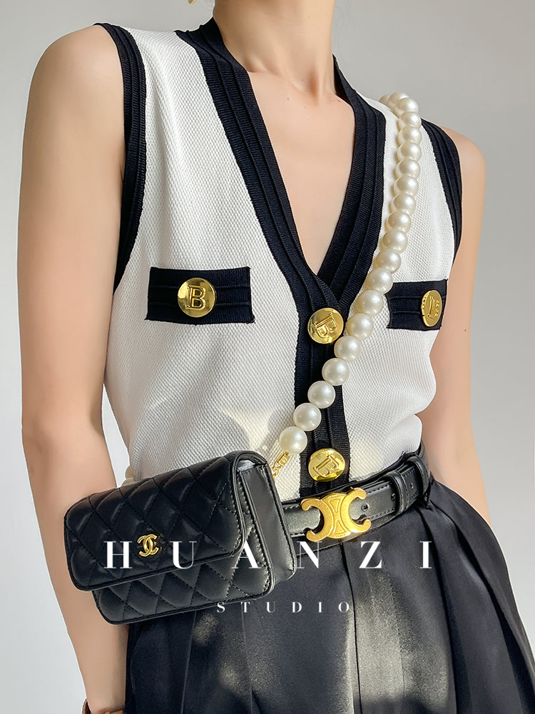 Huanzi custom V-neck knitting sleeveless blakc abd white top - Chiae