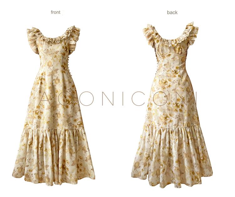 Aconiconi Elegant U-Neck pleated Short Sleeve Tea Dinner Date Dress- Ginger Flower Summer