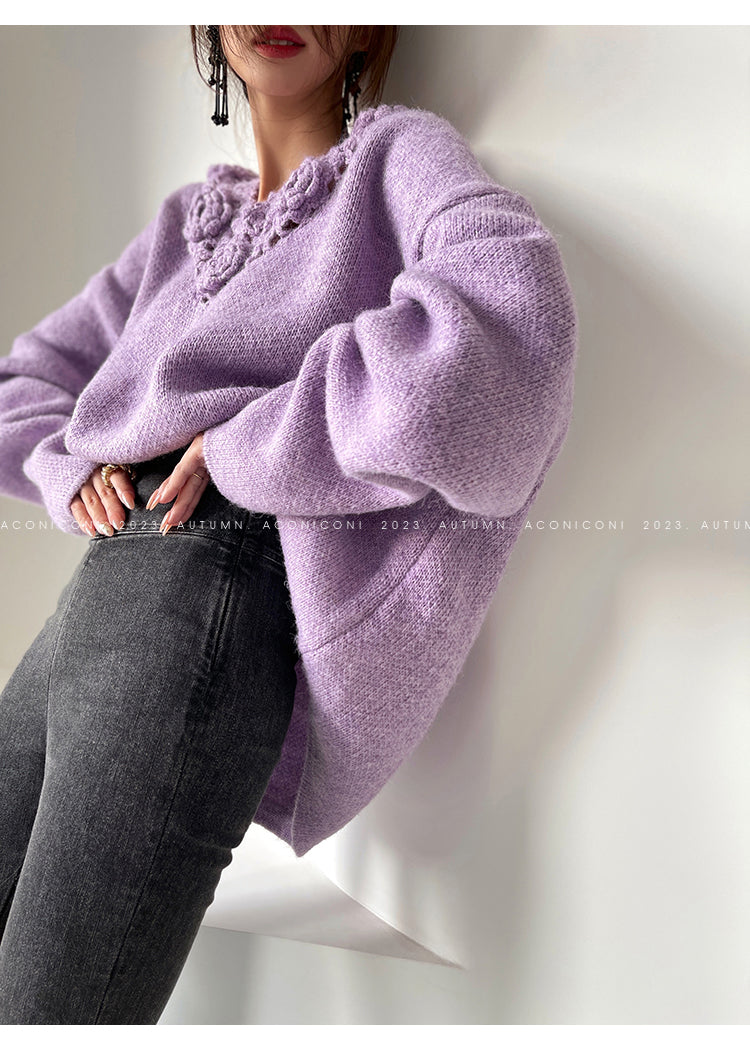 Aconiconi|Purple Flower Crochet openwork long cropped loose wool knit sweater  dress - Twilight