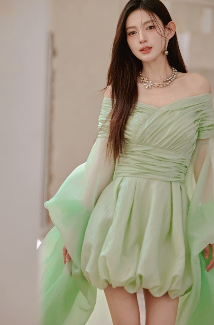 DOLLY High End Green ombre Off Shoulder Puff Sleeves Pleated Tutu Dress- Tulip