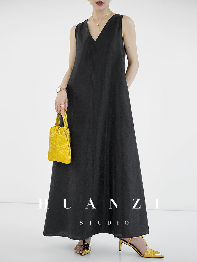 Huanzi custom high-end long sleeveless V-neck dress summer - Miel