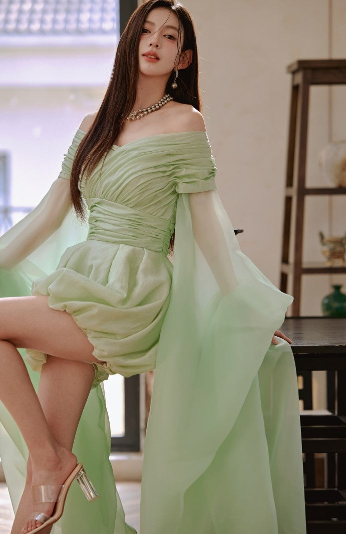 DOLLY High End Green ombre Off Shoulder Puff Sleeves Pleated Tutu Dress- Tulip