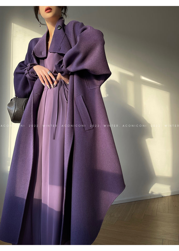 Aconiconi Autumn purple tan double-sided heavy wool cloak jacket long coat - Maple