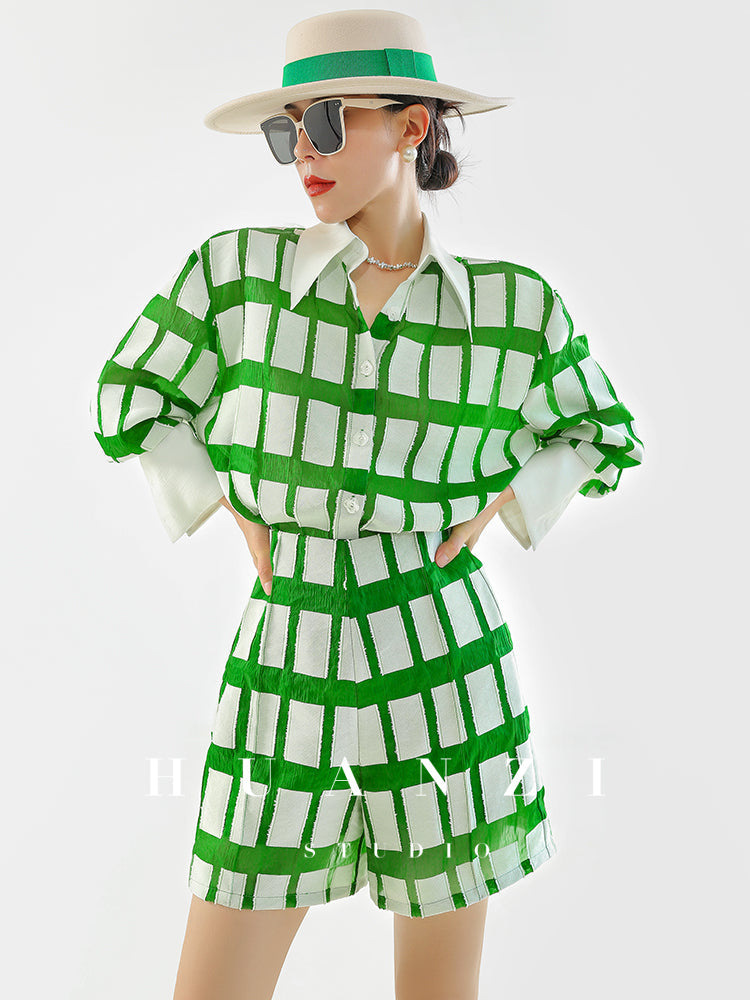 Huanzi jacquard plaid brushed green high waist short shirt - Guk