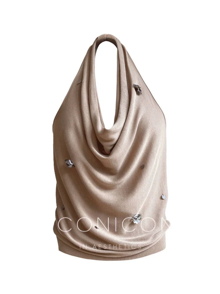 Aconiconi Luxury Deep Cowl Halter Neck Sleeveless Sequin Flower Top- Dream of Flowing Light