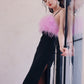 DOLLY Elegant Black Fluffy Feather backless Long Date Dress-JAS