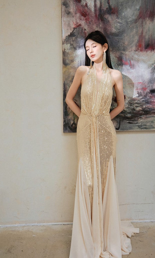 DOLLY Elegant Gold Sleeveless Halter Neck Long Fish Tail Banquet Dress- Carly