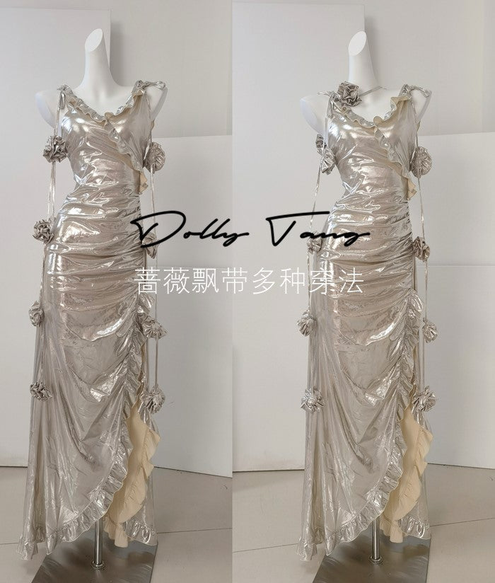 DOLLY Elegant Retro Sliver Gold Deep V-Neck Sleeveless Flower Long Cocktail Dress- Nisa