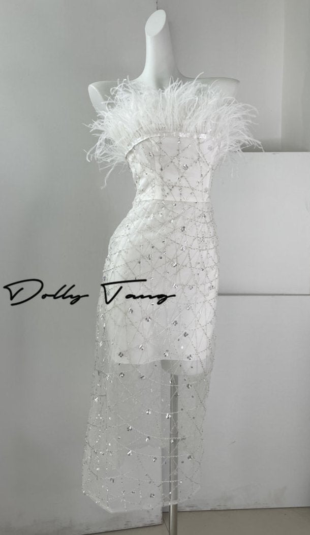 DOLLY Luxury White Fluffy Feather transparent Sequin Birthday bridal Dress-SONIA