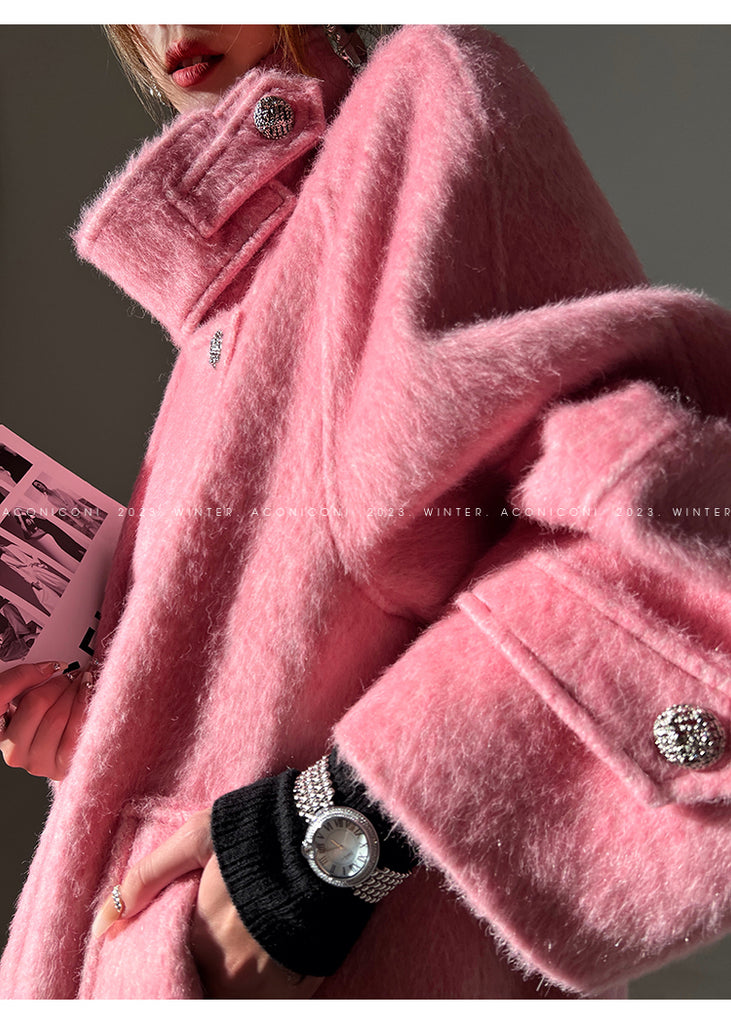 Luxury full Winter Coat Bubble gum Pink Inkstone wool long coat - Lanshan