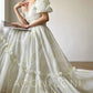 Aconiconi Luxury Off White floral print Puff Sleeve French cottaage bridal Dress- Yurui Chuning