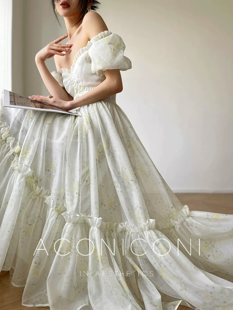 Aconiconi Luxury Off White floral print Puff Sleeve French cottaage bridal Dress- Yurui Chuning