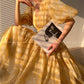 Aconiconi Elegant Yellow V-NeckPuff Sleeve Vacation Dress- Manshan