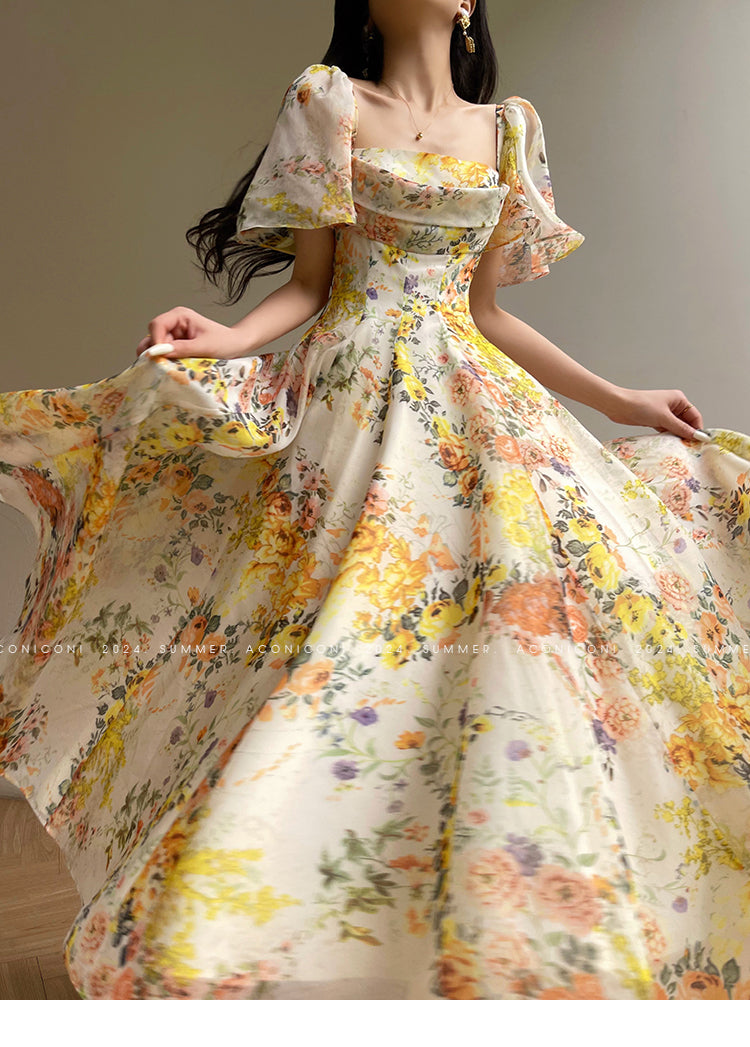 Aconiconi Elegant Flower Print Square Collar Short Sleeve midi  Dress-  Monet Summer Flowers