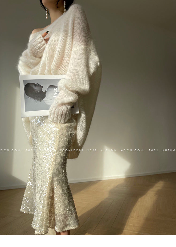 Aconiconi Luxury  Sequin Mermaid White/Black Long Skirt- Mermaid's Tears