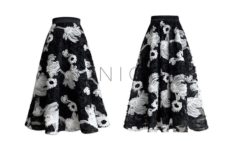 Aconiconi Elegant Black Retro Flower Embroidered High Waist Midi Skirt- Cedar Late Forest