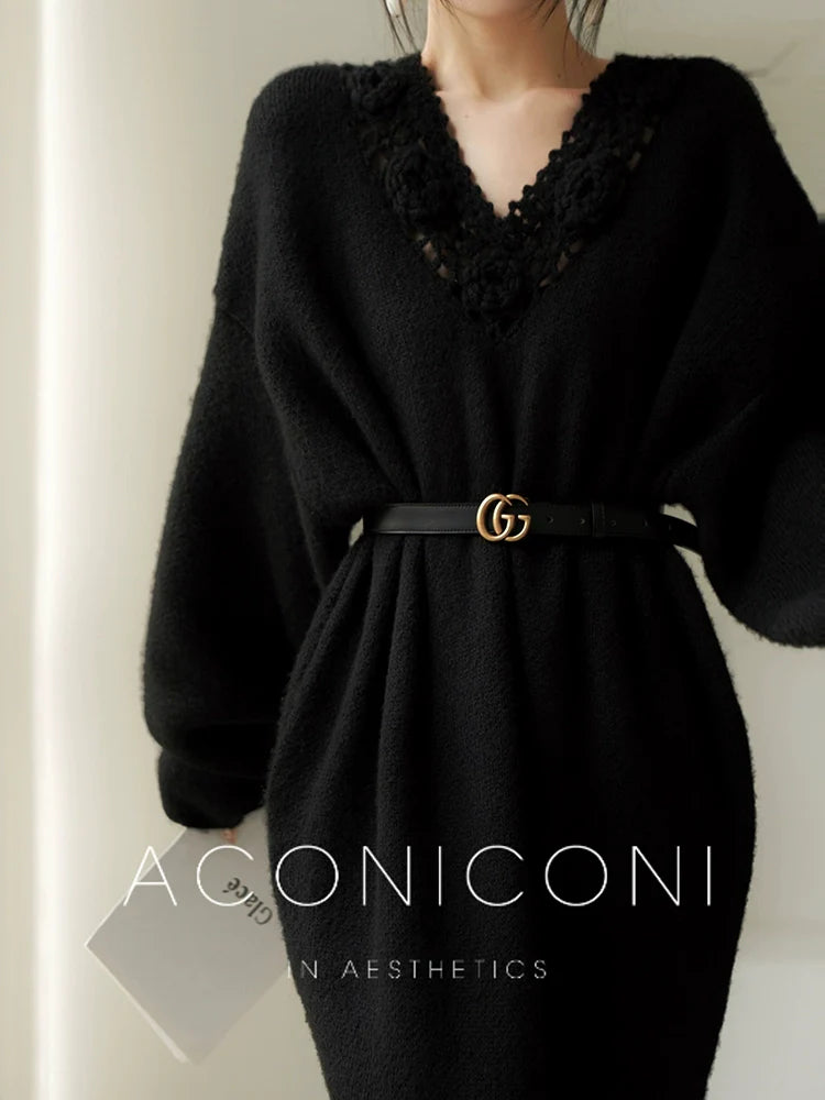 Aconiconi|Purple Flower Crochet openwork long cropped loose wool knit sweater  dress - Twilight